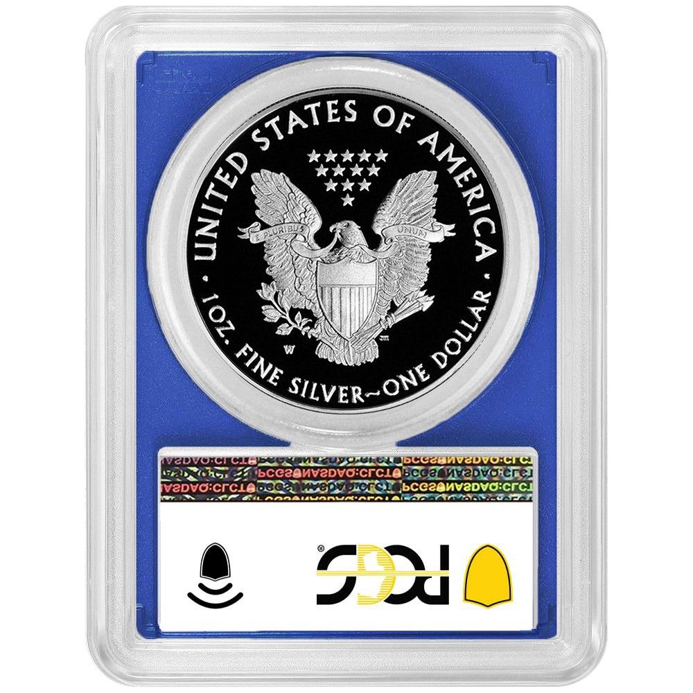 2021 W Proof 1 Type American Silver Eagle PCGS FDOI Flag Label Blue