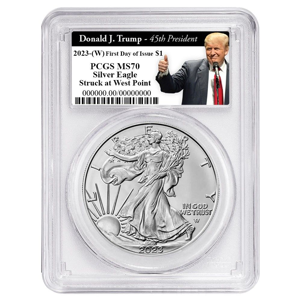2025 W 1 American Silver Eagle PCGS MS 70 FDOI Trump 45 th President Label