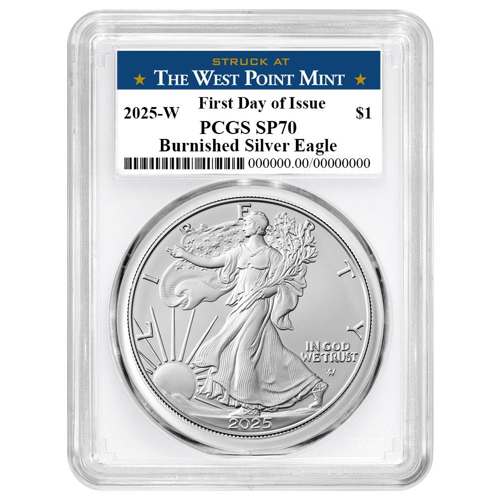 2025-W Burnished 1 American Silver Eagle PCGS SP 70 FDOI West Point Label White