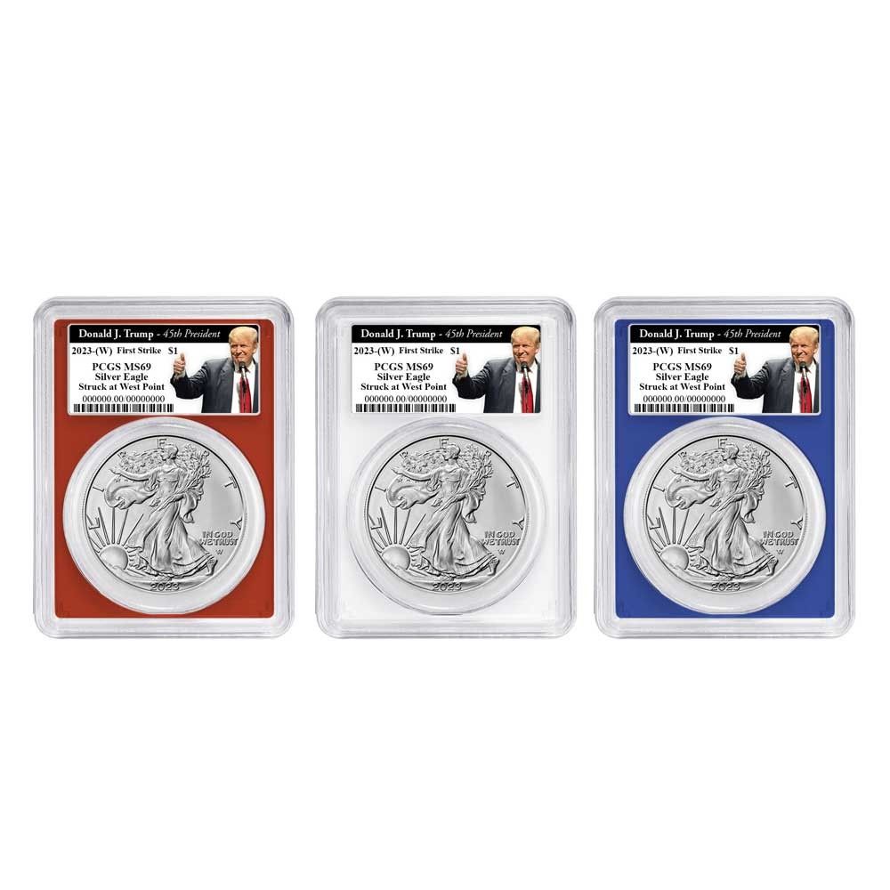 2025 W 1 American Silver Eagle 3 pc Set PCGS MS 69 FS Trump 45 th Label Red