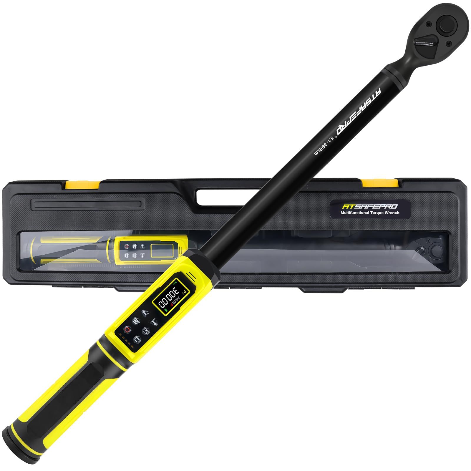 ATsafepro デジタルトルクレンチ 1 2 ドライブ 5.1-340 N.m 電子トルクレンチ 5単位 精度 双方向 ブザーとLEDアラート付きLCDスクリーン バイク 車に最適