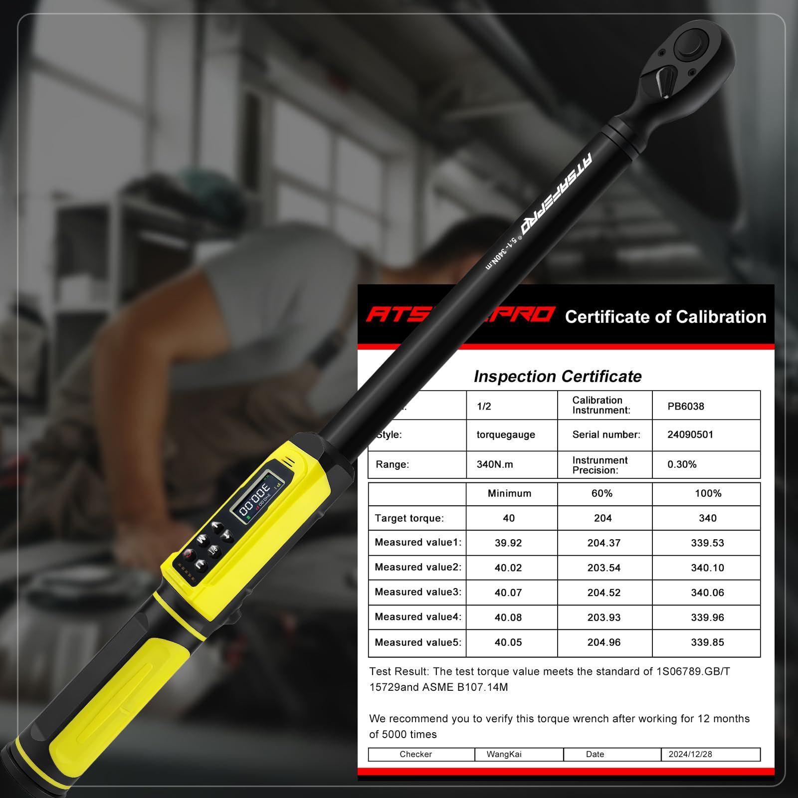 ATsafepro デジタルトルクレンチ 1 2 ドライブ 5.1-340 N.m 電子トルクレンチ 5単位 精度 双方向 ブザーとLEDアラート付きLCDスクリーン バイク 車に最適