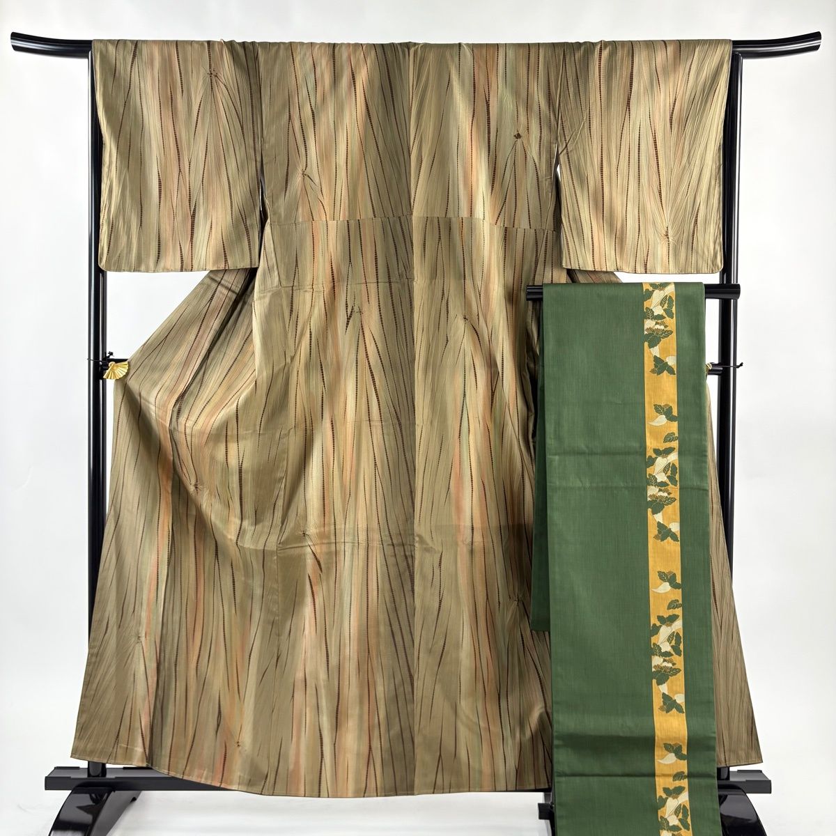 小紋 身丈160.5 cm 裄丈67 M 袷 袋帯セット 紬地 幾何学 絞り 茶緑色 正絹