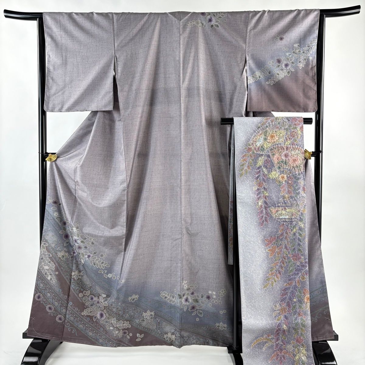 訪問着 身丈163.5 cm 裄丈64 M 袷 袋帯セット 大島紬地 証紙 辻が花 ぼかし 灰紫 正絹