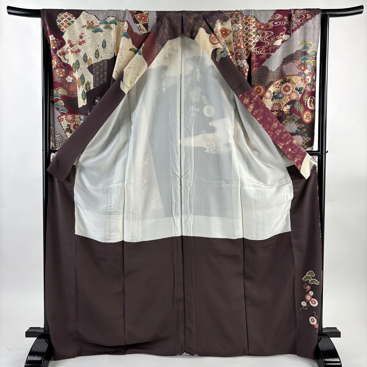  振袖 身丈171 cm 裄丈66.5 M 袷 袋帯フルセット 扇面 草花 金糸 金彩 茶紫 正絹 上下組み合わせ 振袖 着物