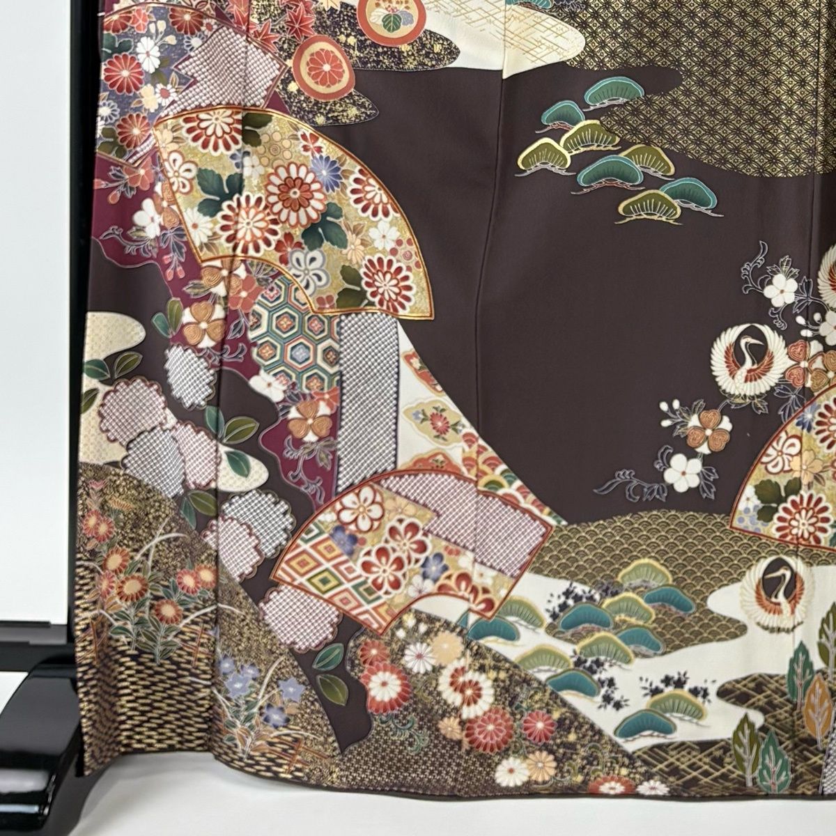 振袖 身丈171 cm 裄丈66.5 M 袷 袋帯フルセット 扇面 草花 金糸 金彩 茶紫 正絹