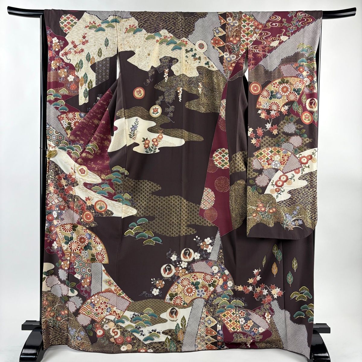 振袖 身丈171cm 裄丈66.5cm M 袷 袋帯フルセット 扇面 草花 金糸 金彩