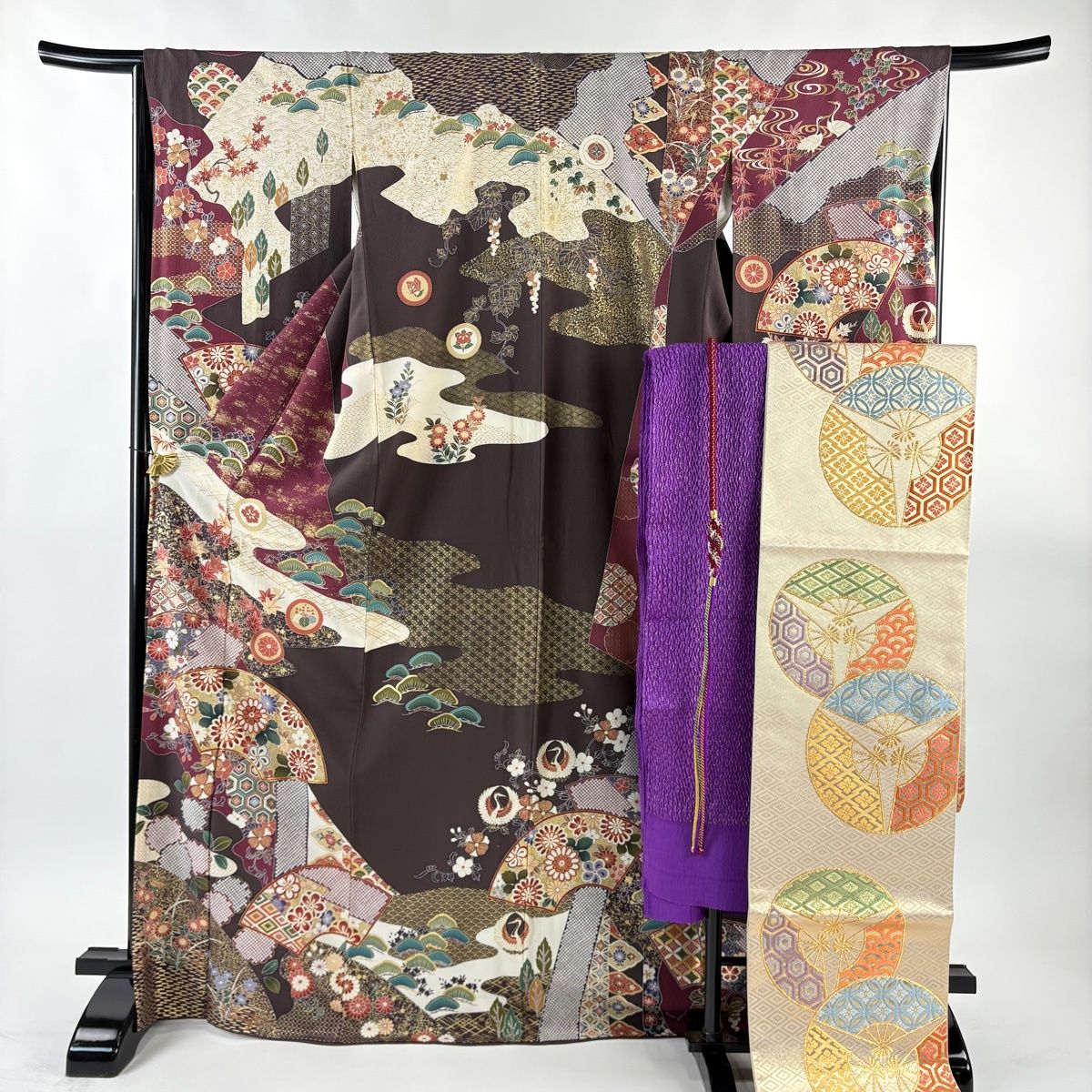 振袖 身丈171cm 裄丈66.5cm M 袷 袋帯フルセット 扇面 草花 金糸 金彩