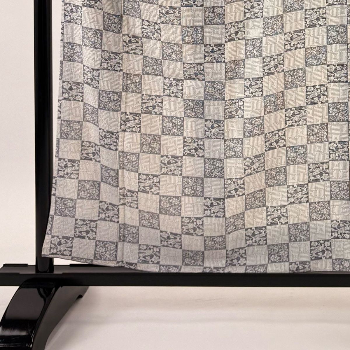 小紋 身丈157 cm 裄丈66 M 袷 袋帯セット 市松 草花 青灰色 正絹 秀品