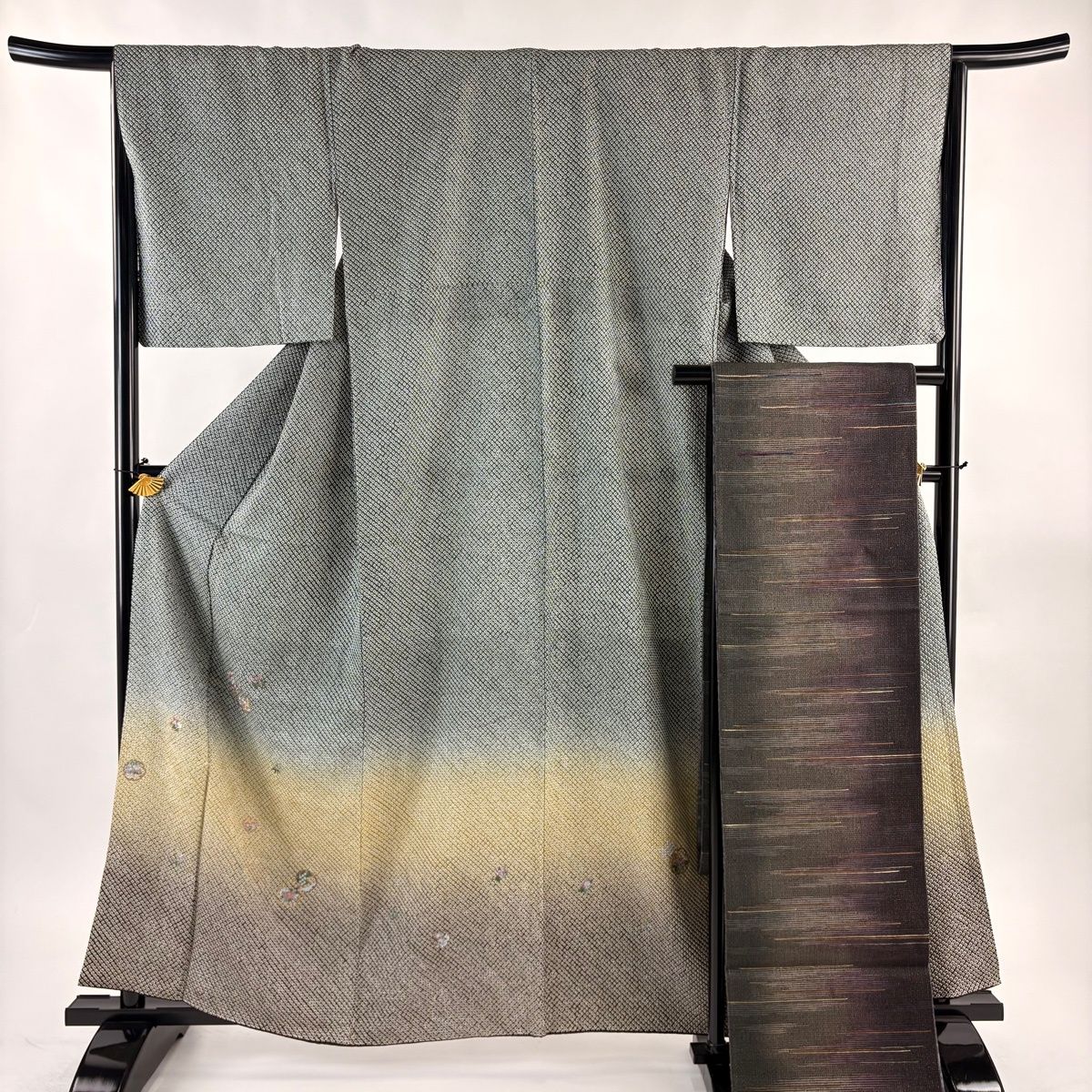 付下げ 身丈159.5 cm 裄丈67 M 袷 袋帯セット 雪輪 草花 総絞り 金糸 灰緑 正絹 秀品