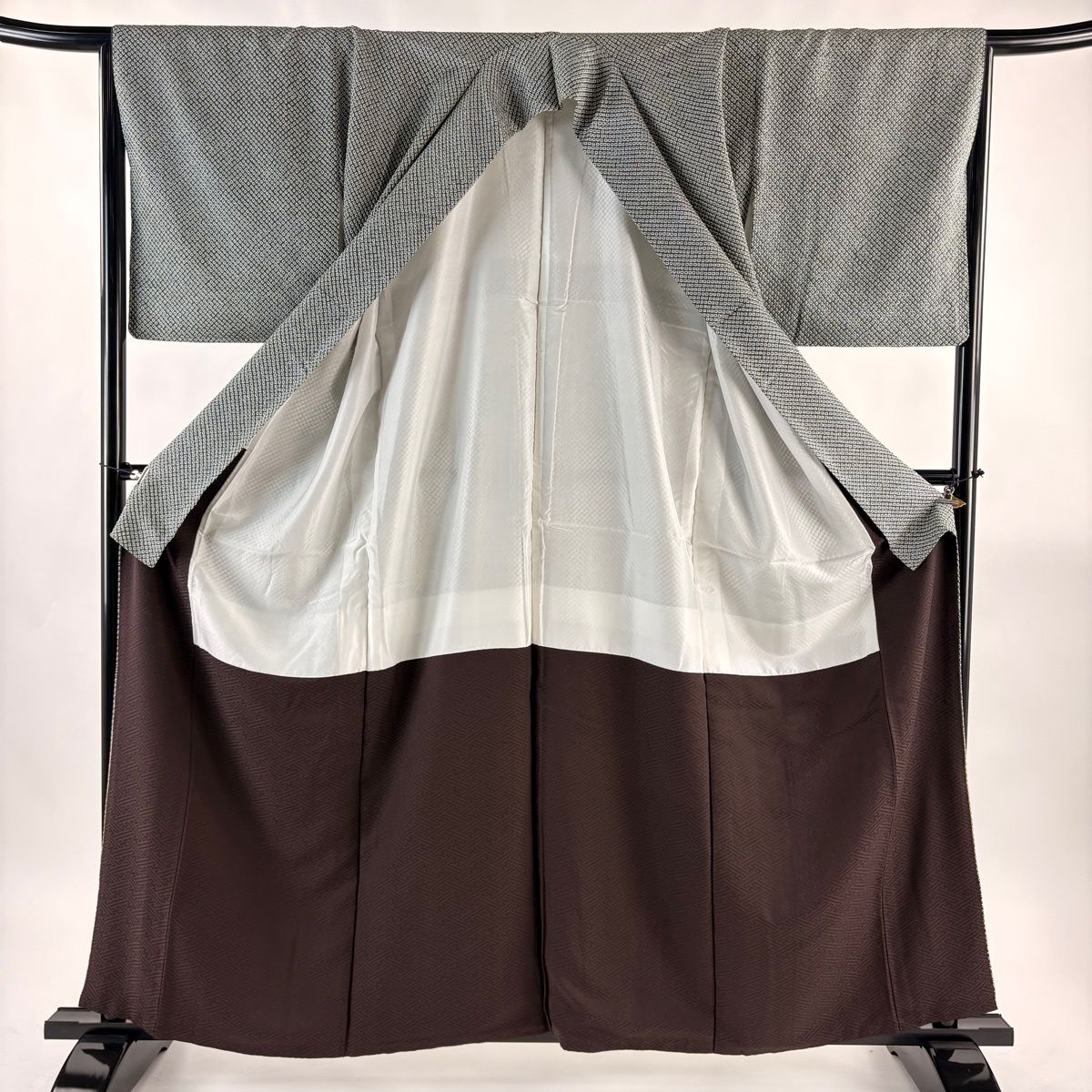  付下げ 身丈159.5 cm 裄丈67 M 袷 袋帯セット 雪輪 草花 総絞り 金糸 灰緑 正絹 秀品 訪問着 付け下げ 着物