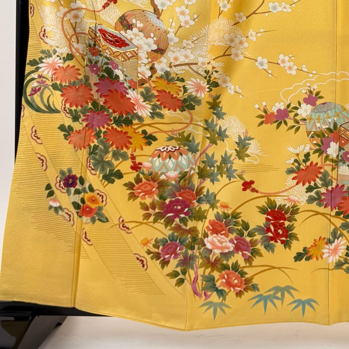 振袖 身丈160.5 cm 裄丈69 L 袷 袋帯フルセット 貝桶 草花 金糸 金銀彩 黄色 正絹 秀品