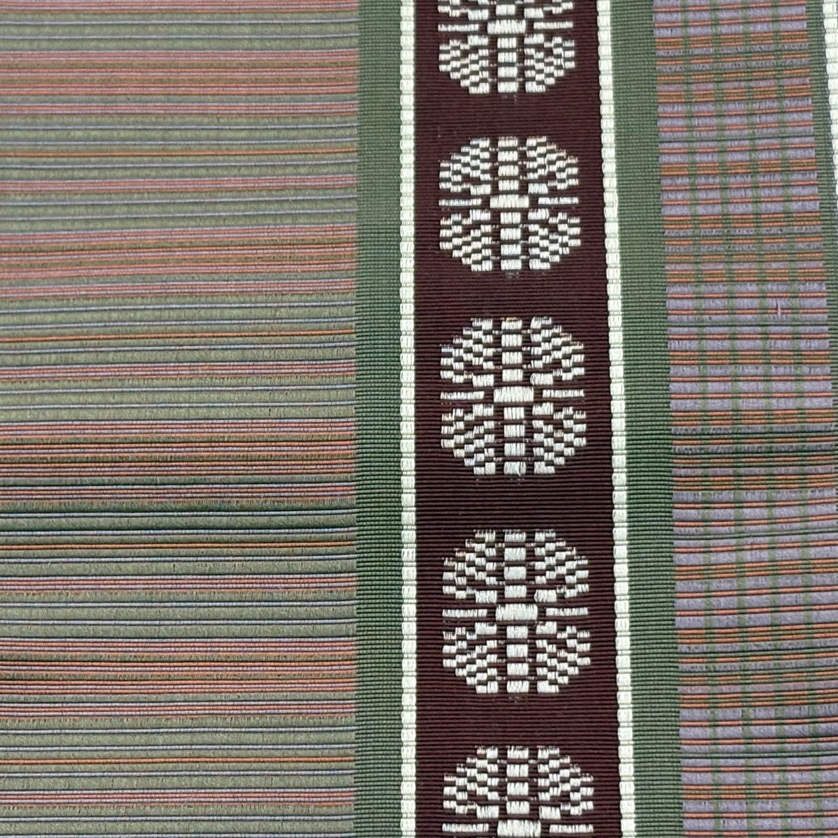 半幅帯 秀品 証紙 博多織 縞 幾何学模様 灰緑 正絹