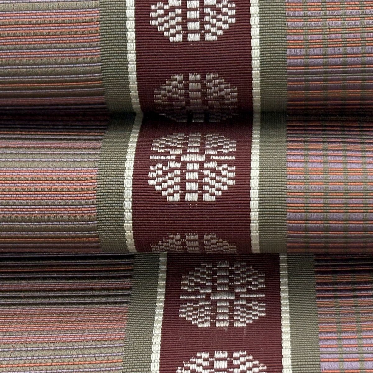  半幅帯 秀品 証紙 博多織 縞 幾何学模様 灰緑 正絹 半巾 半幅 小袋帯 帯