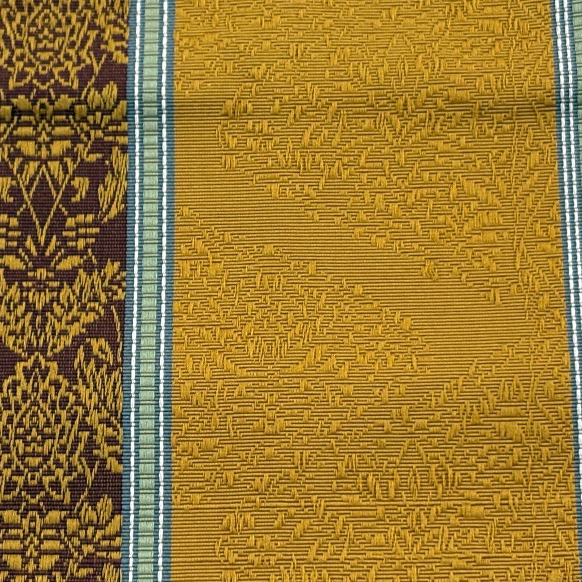 半幅帯 秀品 証紙 博多織 草花 縞 山吹茶色 正絹