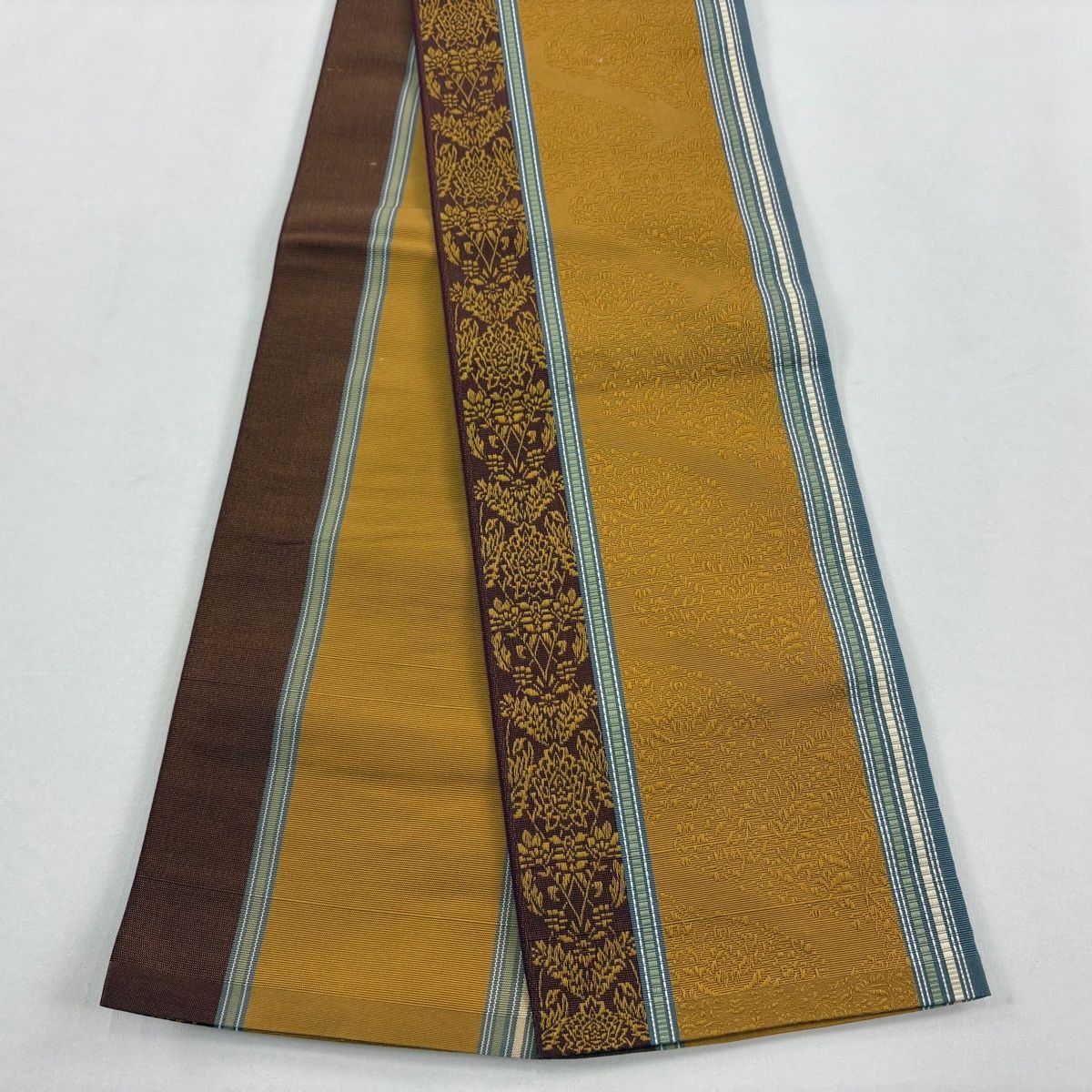 半幅帯 秀品 証紙 博多織 草花 縞 山吹茶色 正絹