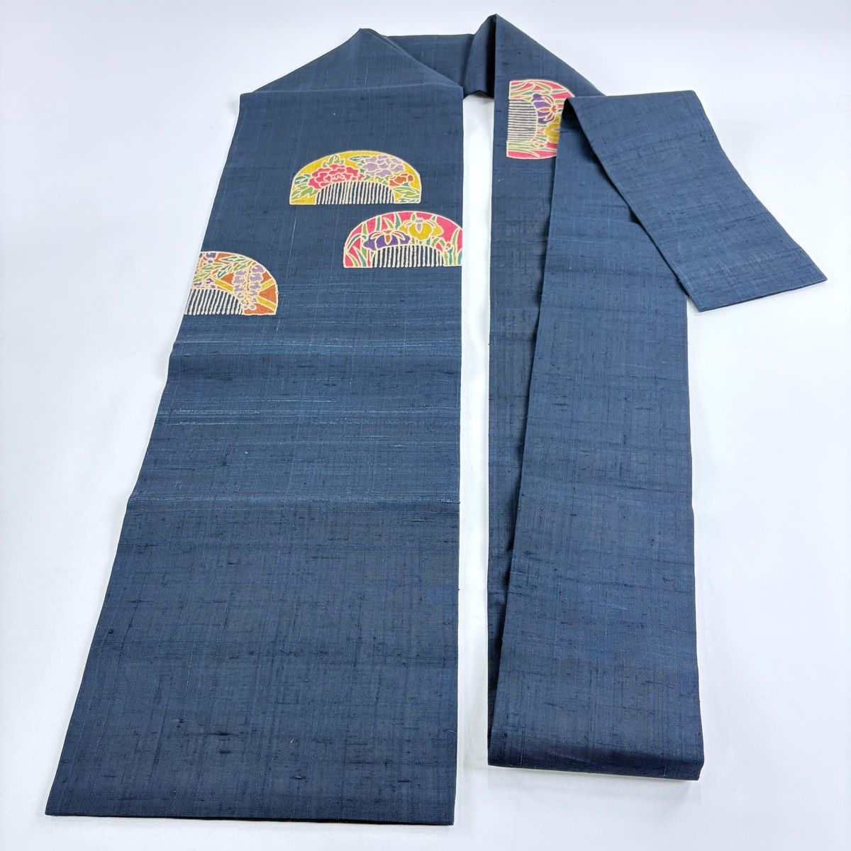  名古屋帯 秀品 紬地 櫛 草花 濃紺 正絹 名古屋帯 帯