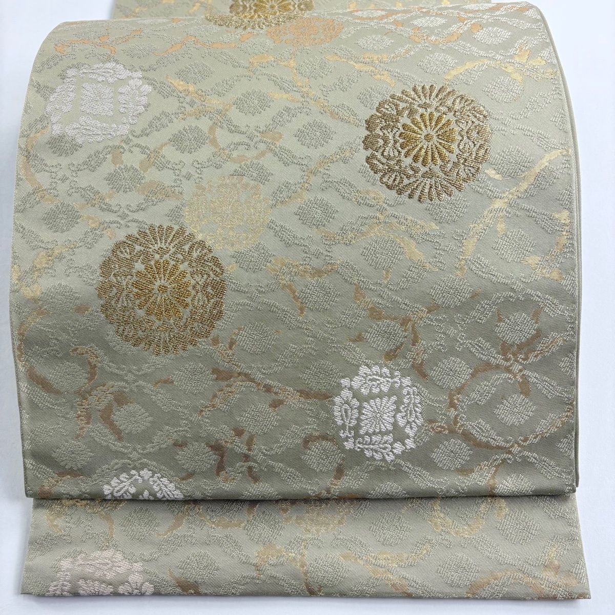 美品】 袋帯 秀品 華文 花唐草 箔 唐織 抹茶色 六通 正絹 【中古