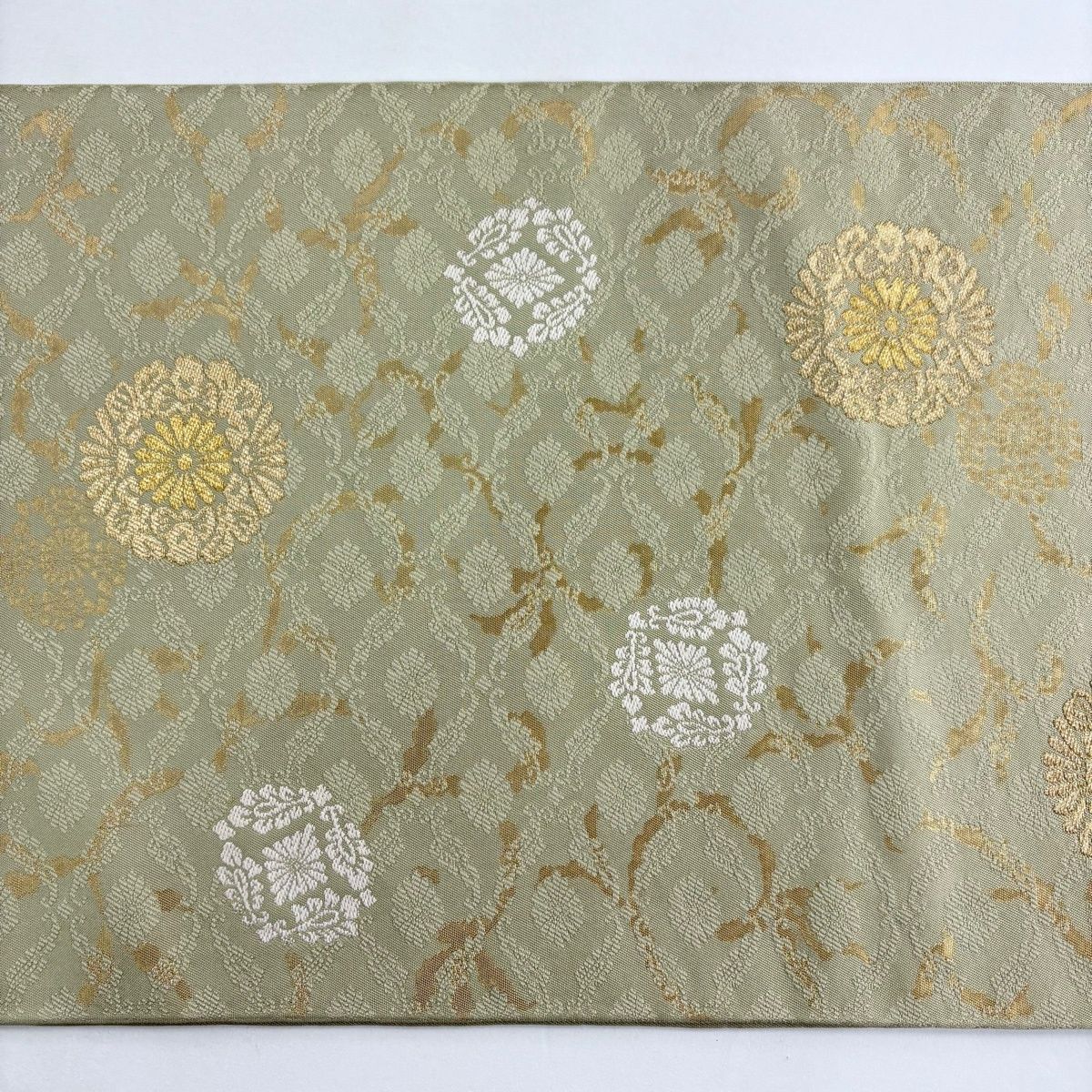 美品】 袋帯 秀品 華文 花唐草 箔 唐織 抹茶色 六通 正絹 【中古