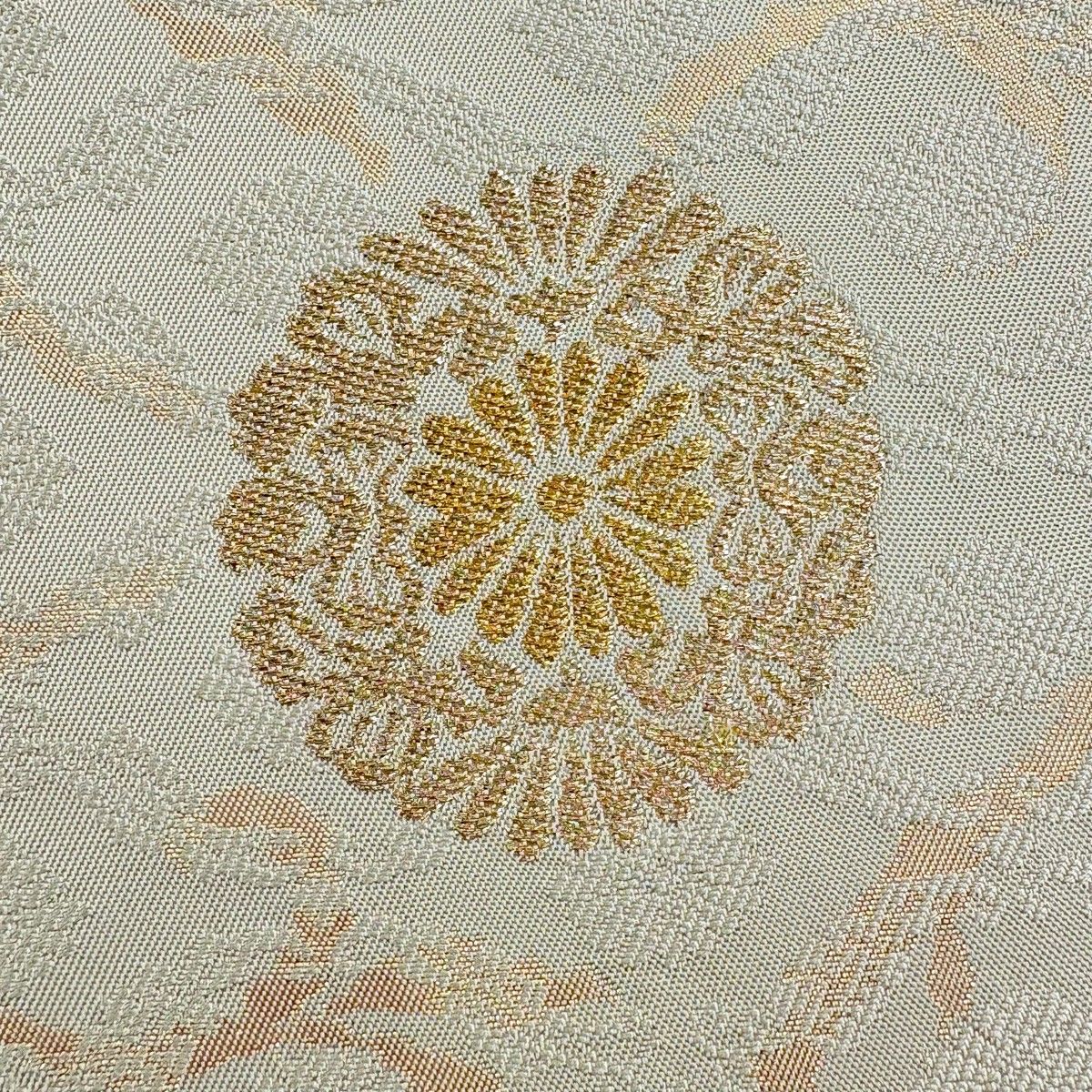 美品】 袋帯 秀品 華文 花唐草 箔 唐織 抹茶色 六通 正絹 【中古