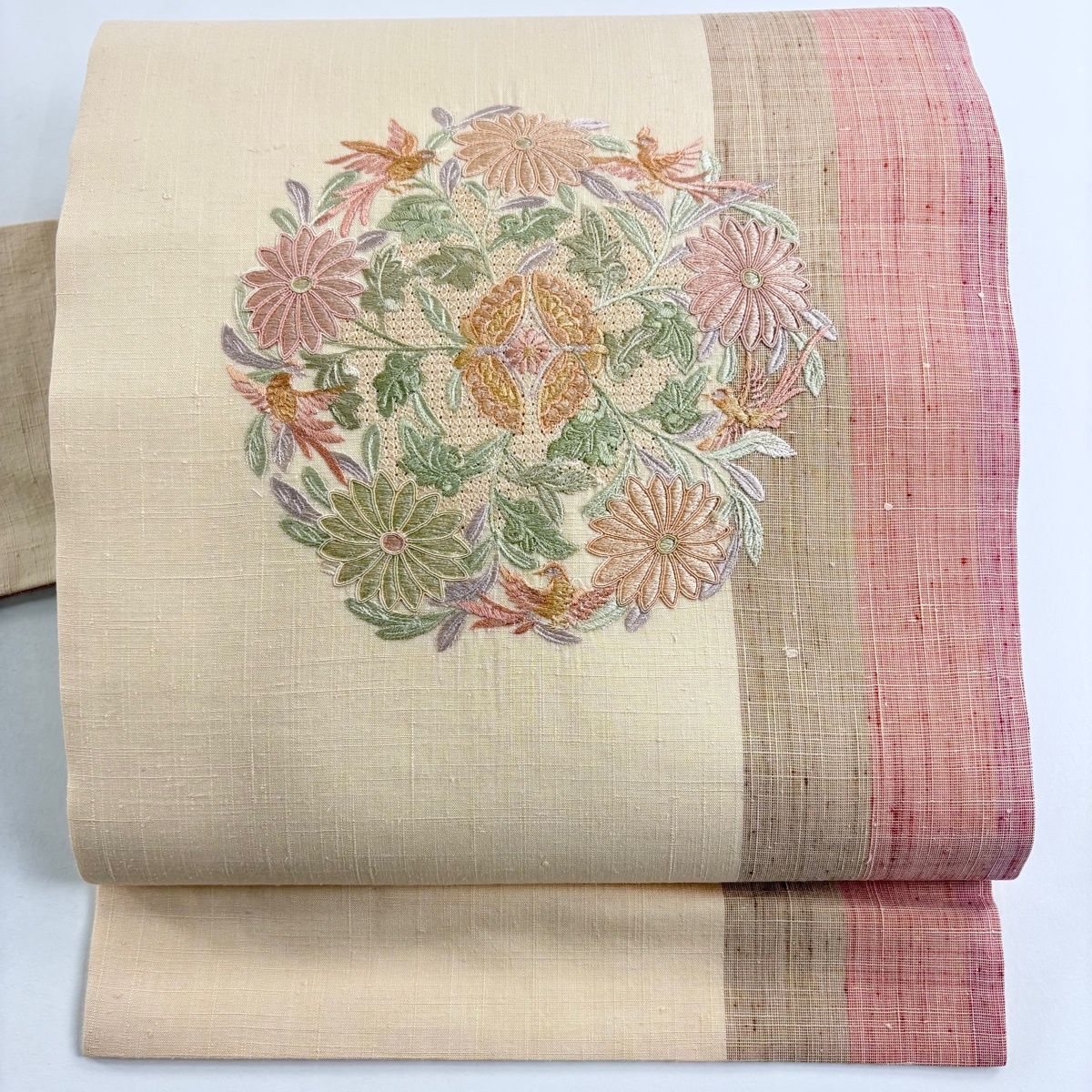 名古屋帯 秀品 紬地 花鳥 蝶 刺繍 ベージュ 正絹