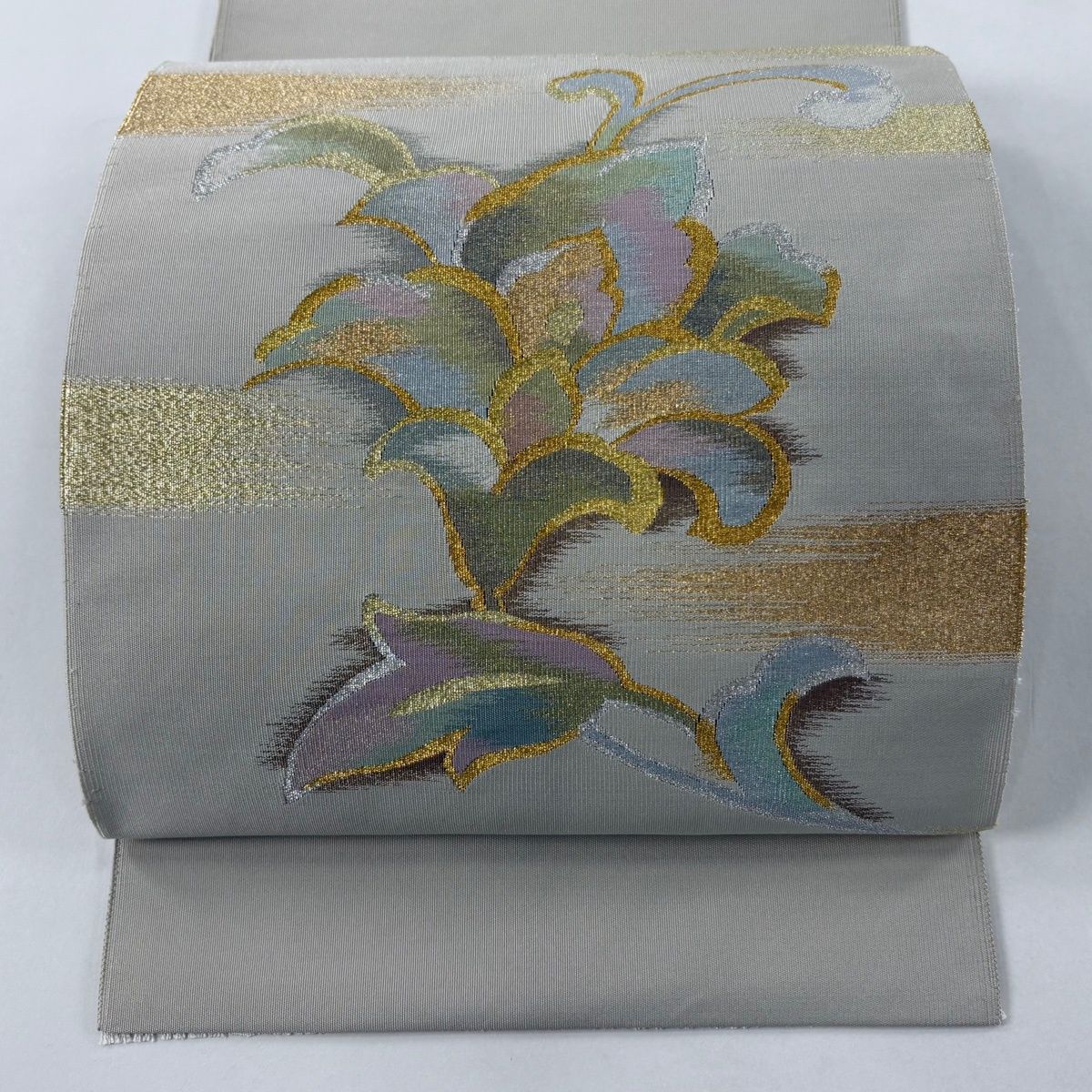 名古屋帯 秀品 八寸名古屋帯 トンネル仕立て 花唐草 霞 金銀糸 灰茶 正絹