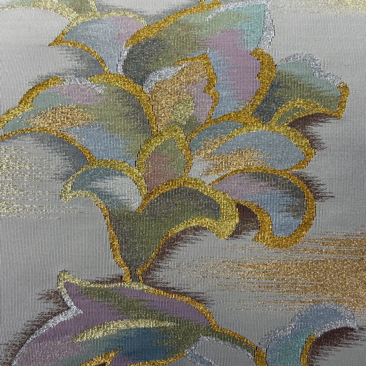 名古屋帯 秀品 八寸名古屋帯 トンネル仕立て 花唐草 霞 金銀糸 灰茶 正絹