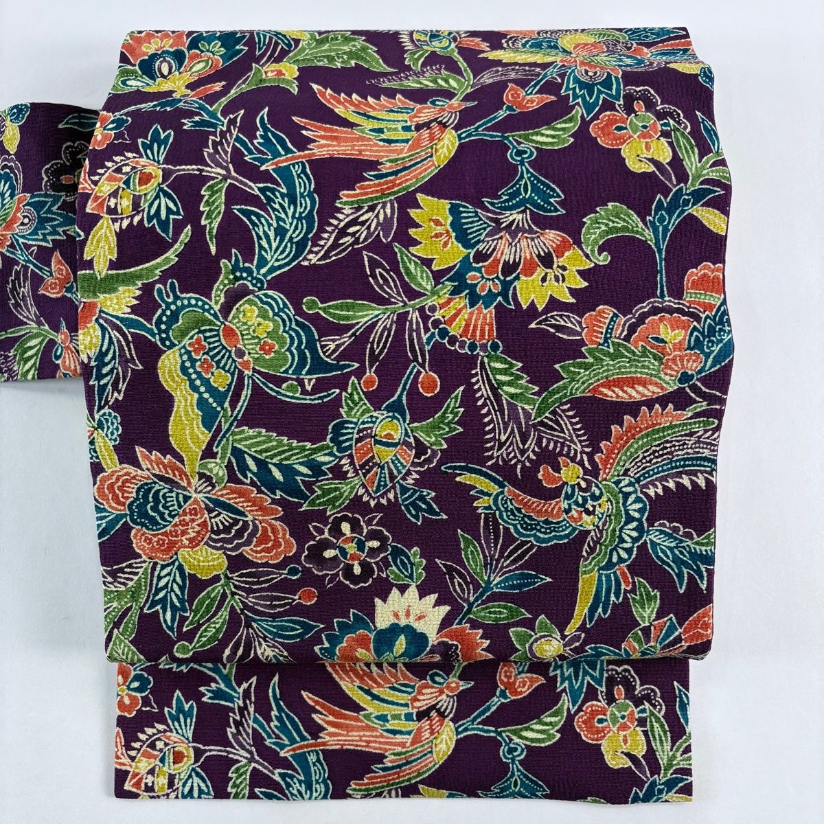 名古屋帯 秀品 花鳥 蝶 縮緬 濃紫 正絹