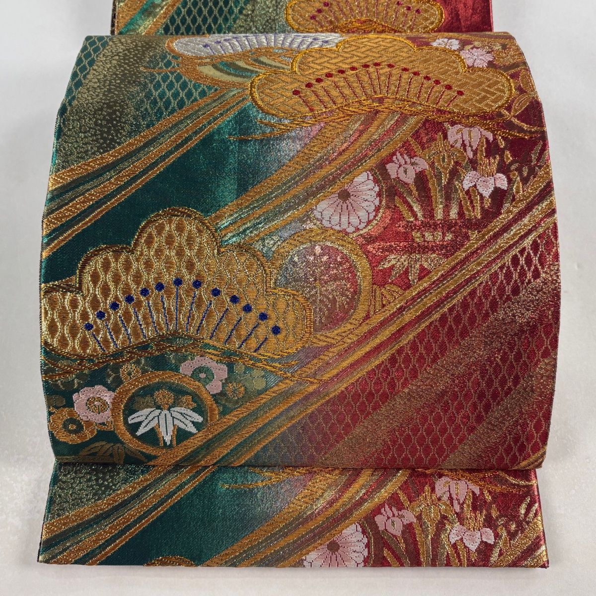 美品】 袋帯 名品 雪輪 ベスト 松竹梅 金銀糸 ぼかし 薄緑 全通 正絹