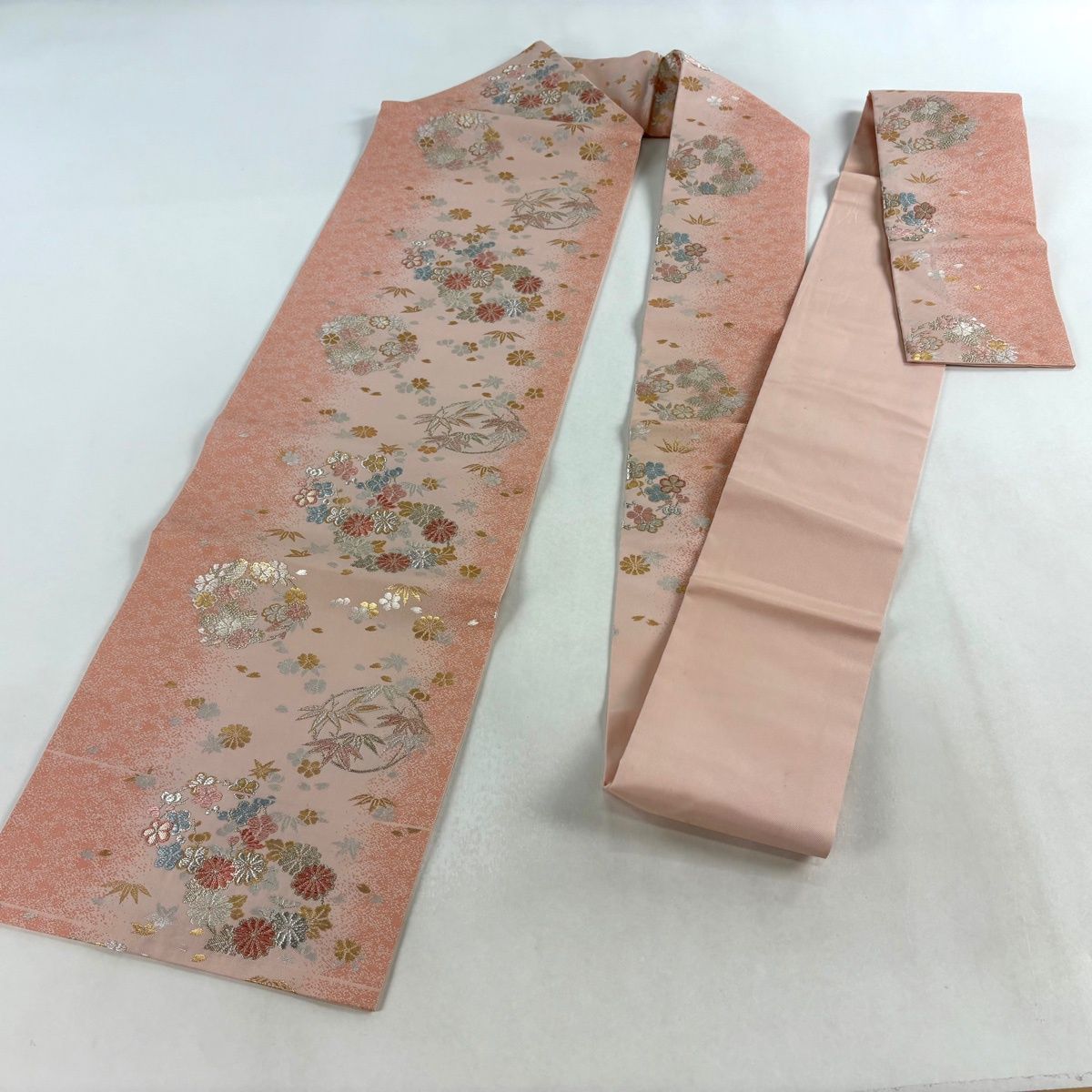  名古屋帯 秀品 関西仕立て 花丸文 笹 箔 金銀糸 ピンク 正絹 名古屋帯 帯