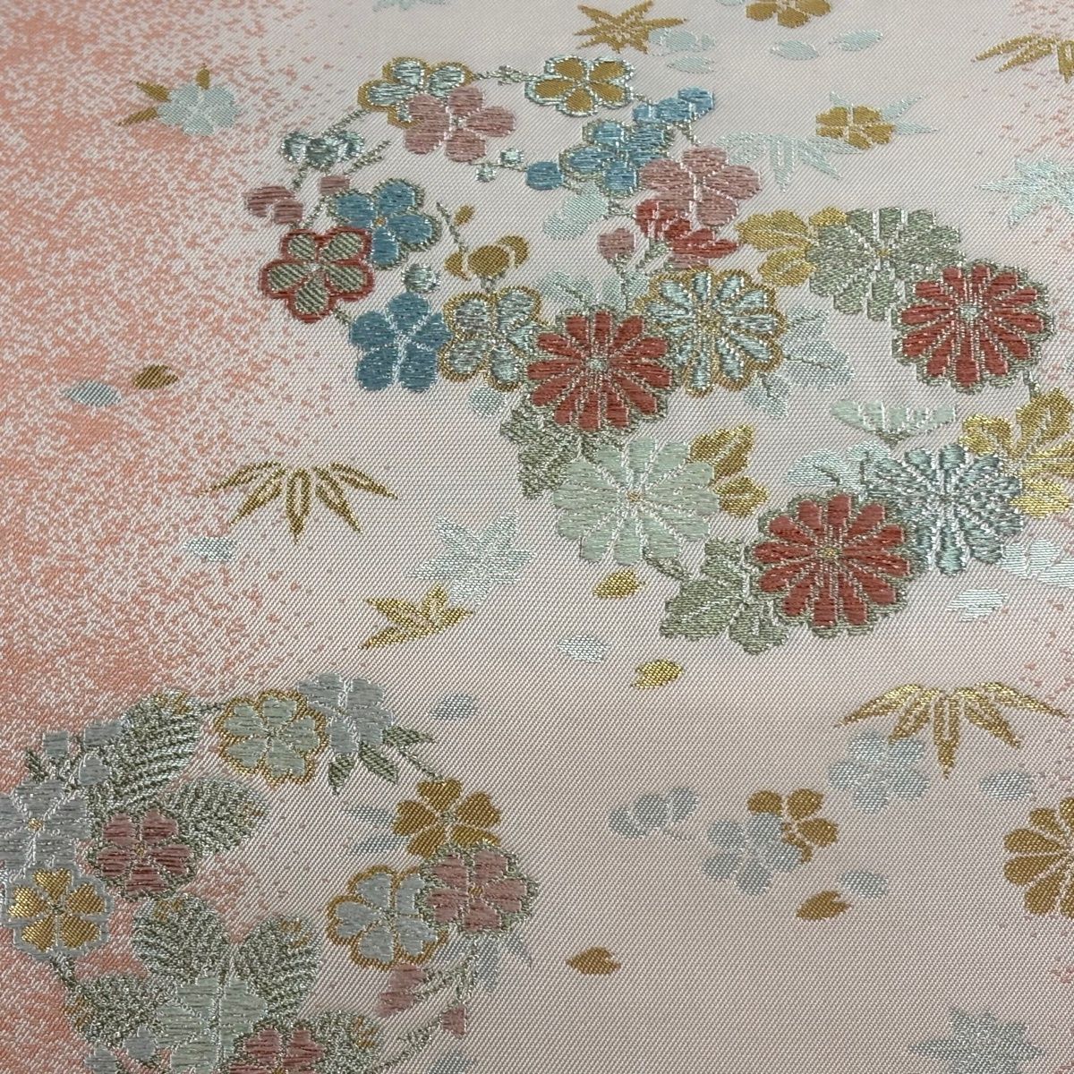 名古屋帯 秀品 関西仕立て 花丸文 笹 箔 金銀糸 ピンク 正絹