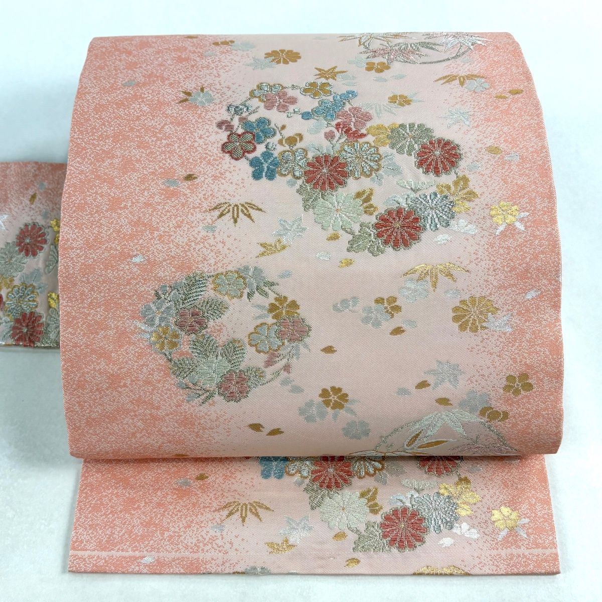 名古屋帯 秀品 関西仕立て 花丸文 笹 箔 金銀糸 ピンク 正絹
