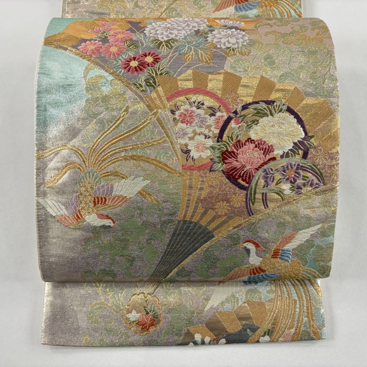 袋帯 秀品 珠衣 扇 草花 金糸 箔 水色 六通 正絹 【中古】 - メルカリ