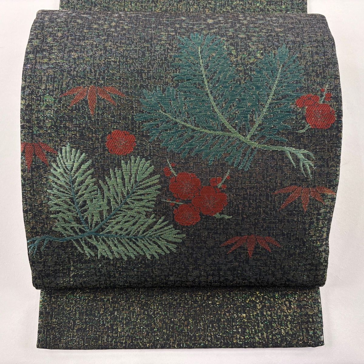 袋名古屋帯 秀品 松竹梅 箔 深緑 正絹