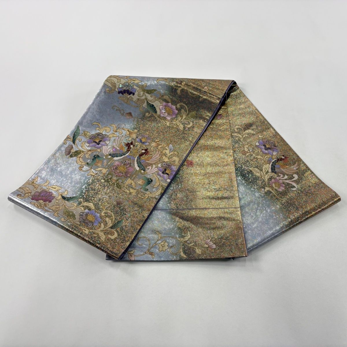 美品 袋帯 秀品 華唐草 向かい鳥 金糸 ベージュ お太鼓柄 正絹 中古 袋帯
