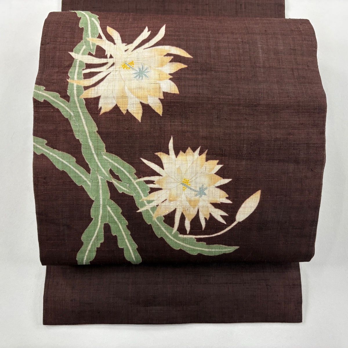 名古屋帯 秀品 夏帯 松葉仕立て 草花 銀彩 夏紬地 茶紫 正絹