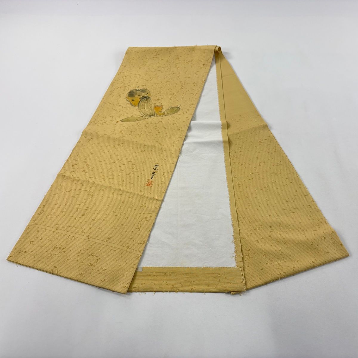  開き名古屋帯 秀品 落款 髭紬地 生り物 薄黄土色 正絹 名古屋帯 帯