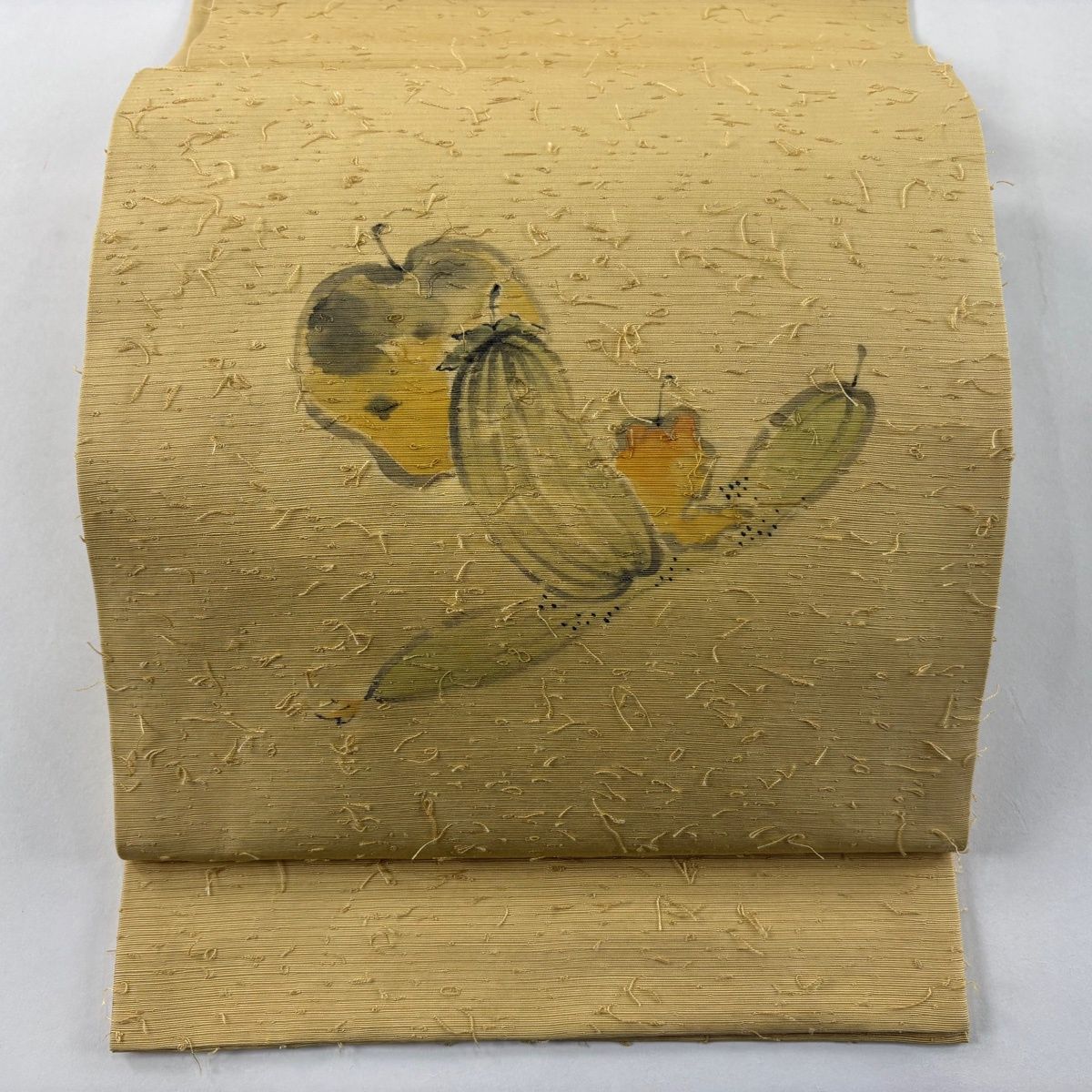 開き名古屋帯 秀品 落款 髭紬地 生り物 薄黄土色 正絹