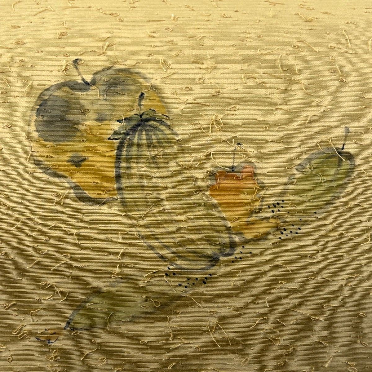 開き名古屋帯 秀品 落款 髭紬地 生り物 薄黄土色 正絹