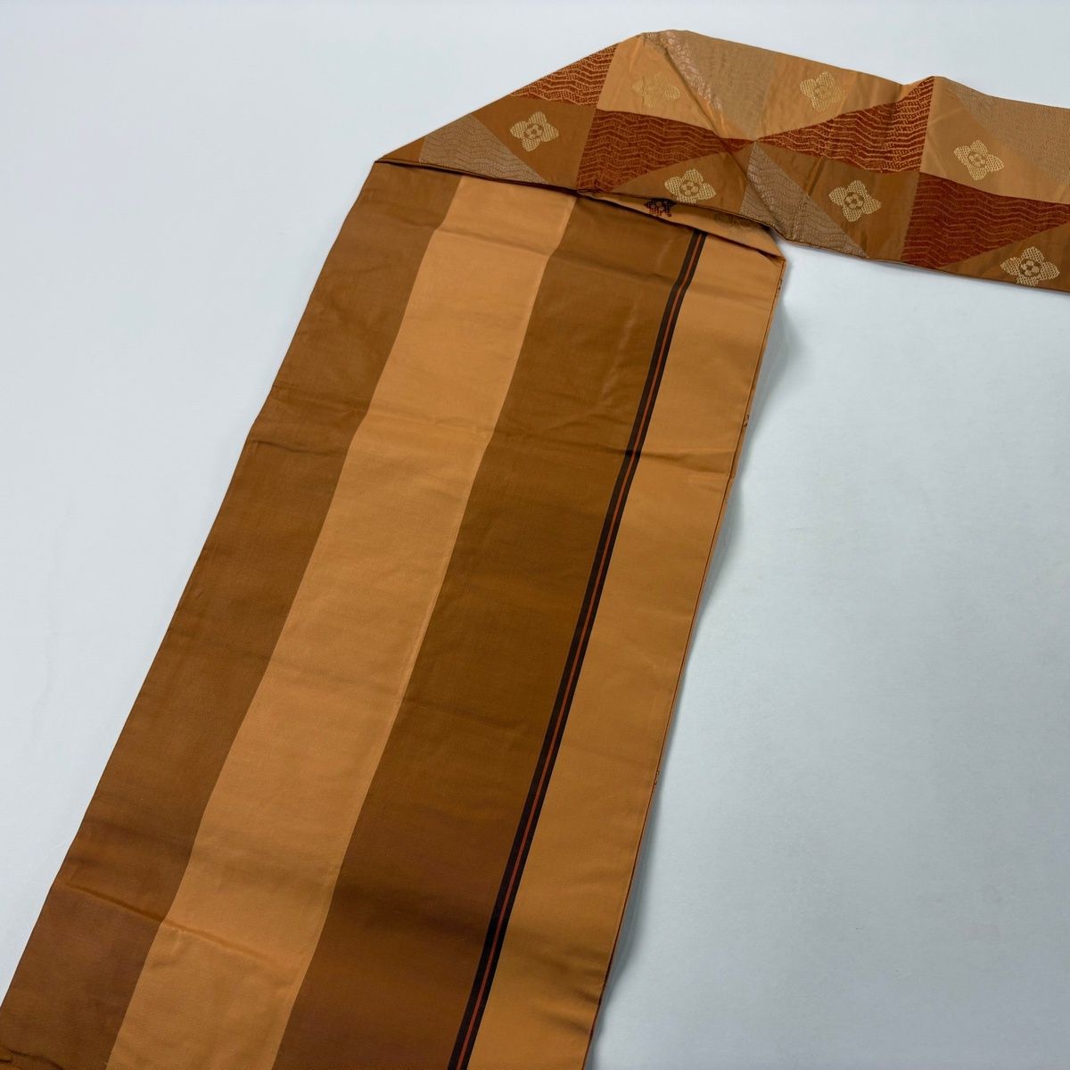  名古屋帯 秀品 花 よろけ縞 茶色 正絹 名古屋帯 帯