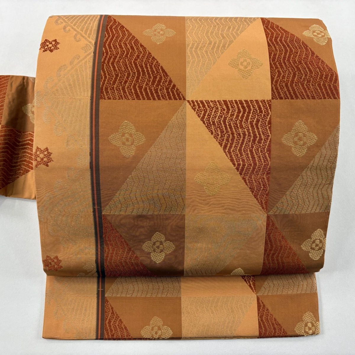 名古屋帯 秀品 花 よろけ縞 茶色 正絹