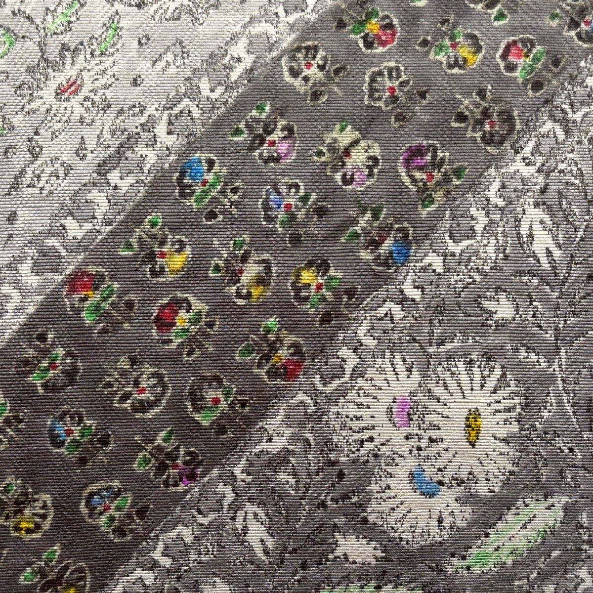 名古屋帯 秀品 落款 草花 斜縞 緑 正絹