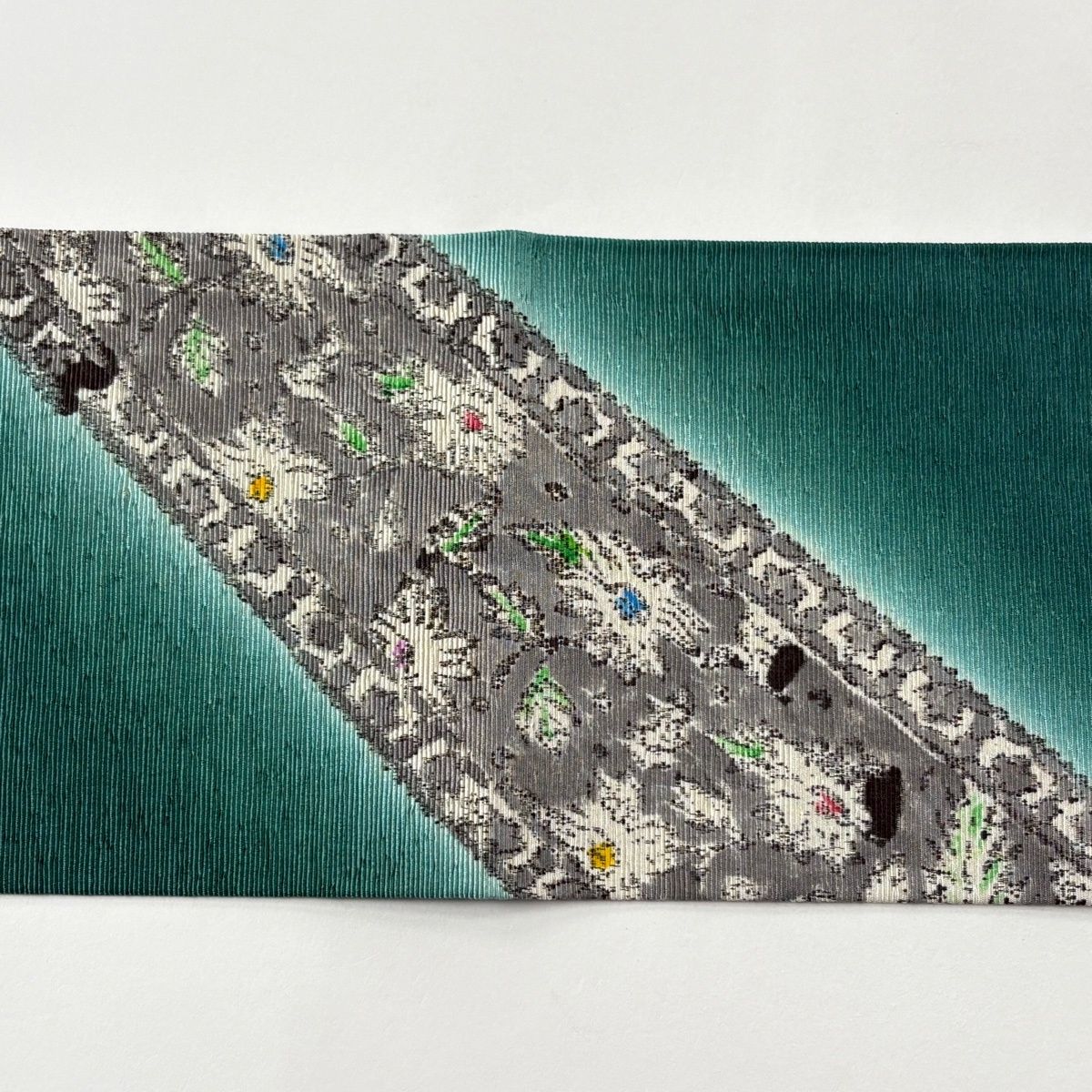  名古屋帯 秀品 落款 草花 斜縞 緑 正絹 名古屋帯 帯