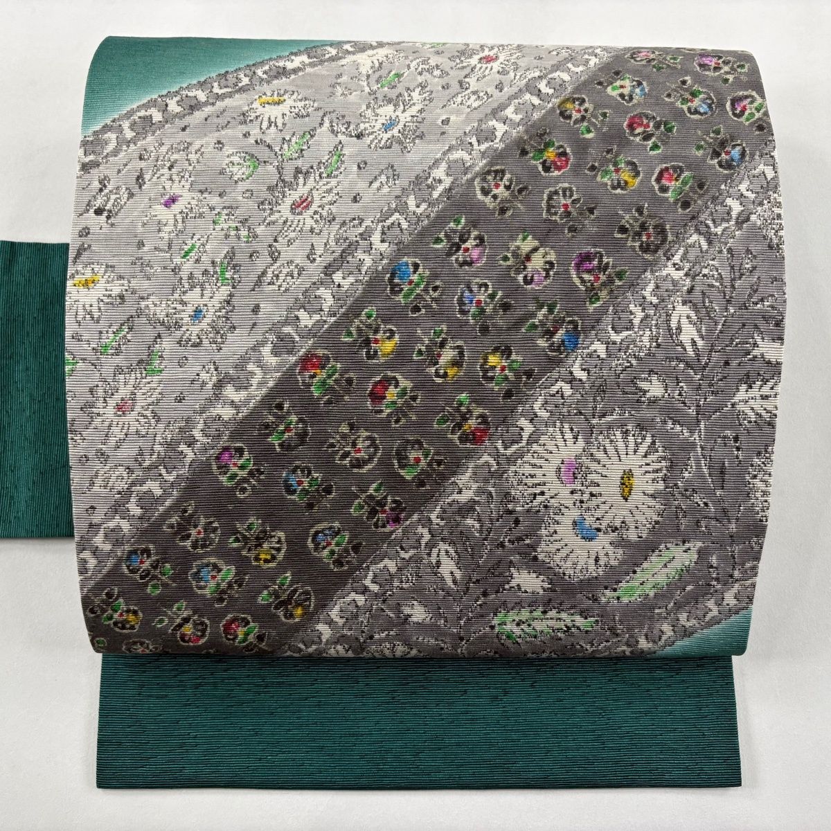 名古屋帯 秀品 落款 草花 斜縞 緑 正絹