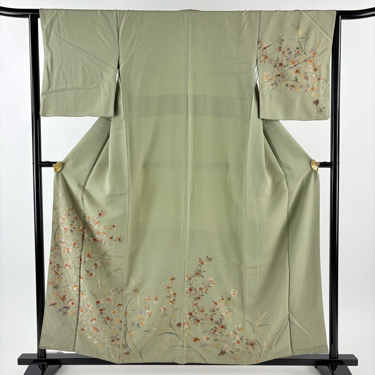 訪問着 身丈155.5 cm 裄丈63.5 S 袷 やまと 草花 菱 金糸 刺繍 灰緑 正絹