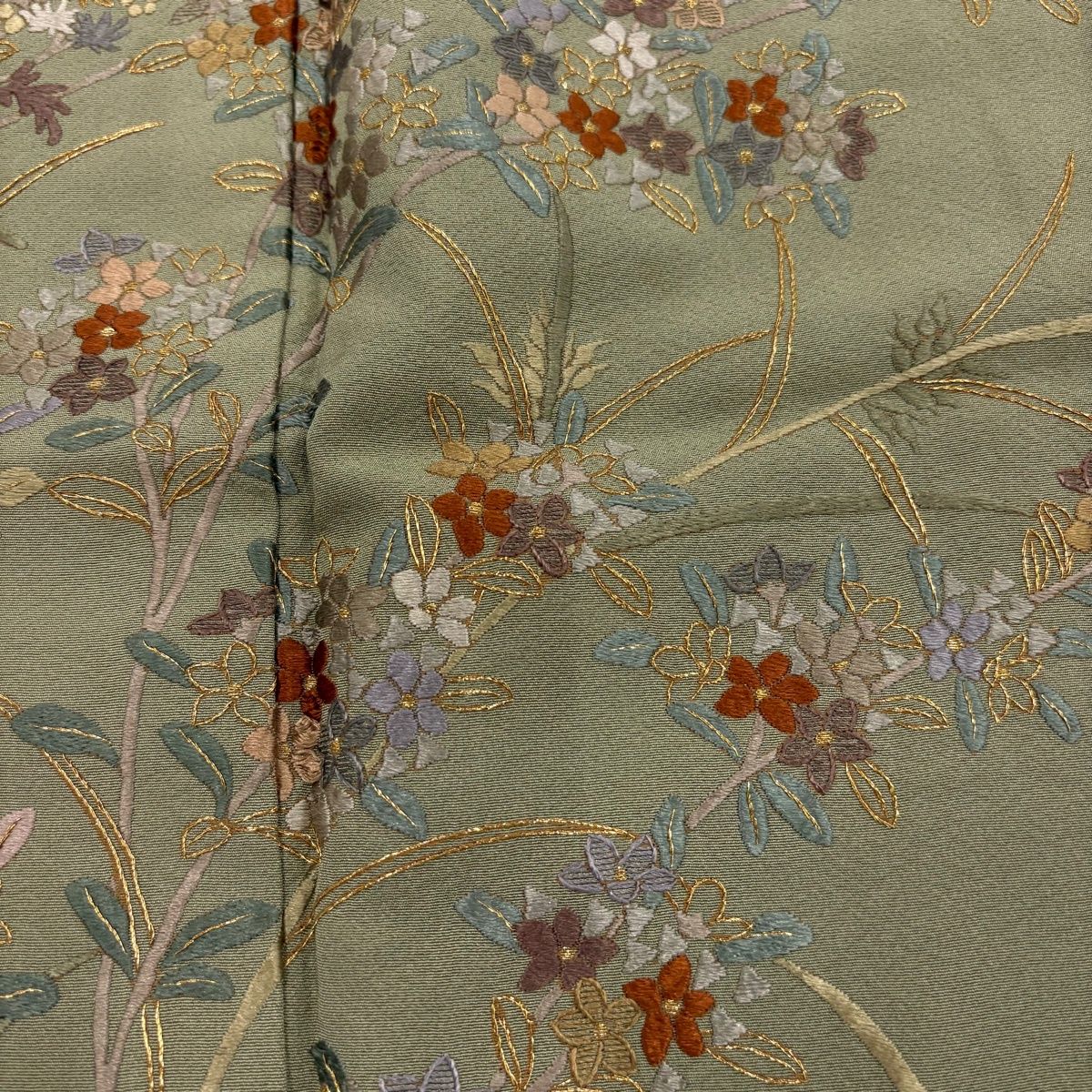  訪問着 身丈155.5 cm 裄丈63.5 S 袷 やまと 草花 菱 金糸 刺繍 灰緑 正絹 訪問着 付け下げ 着物