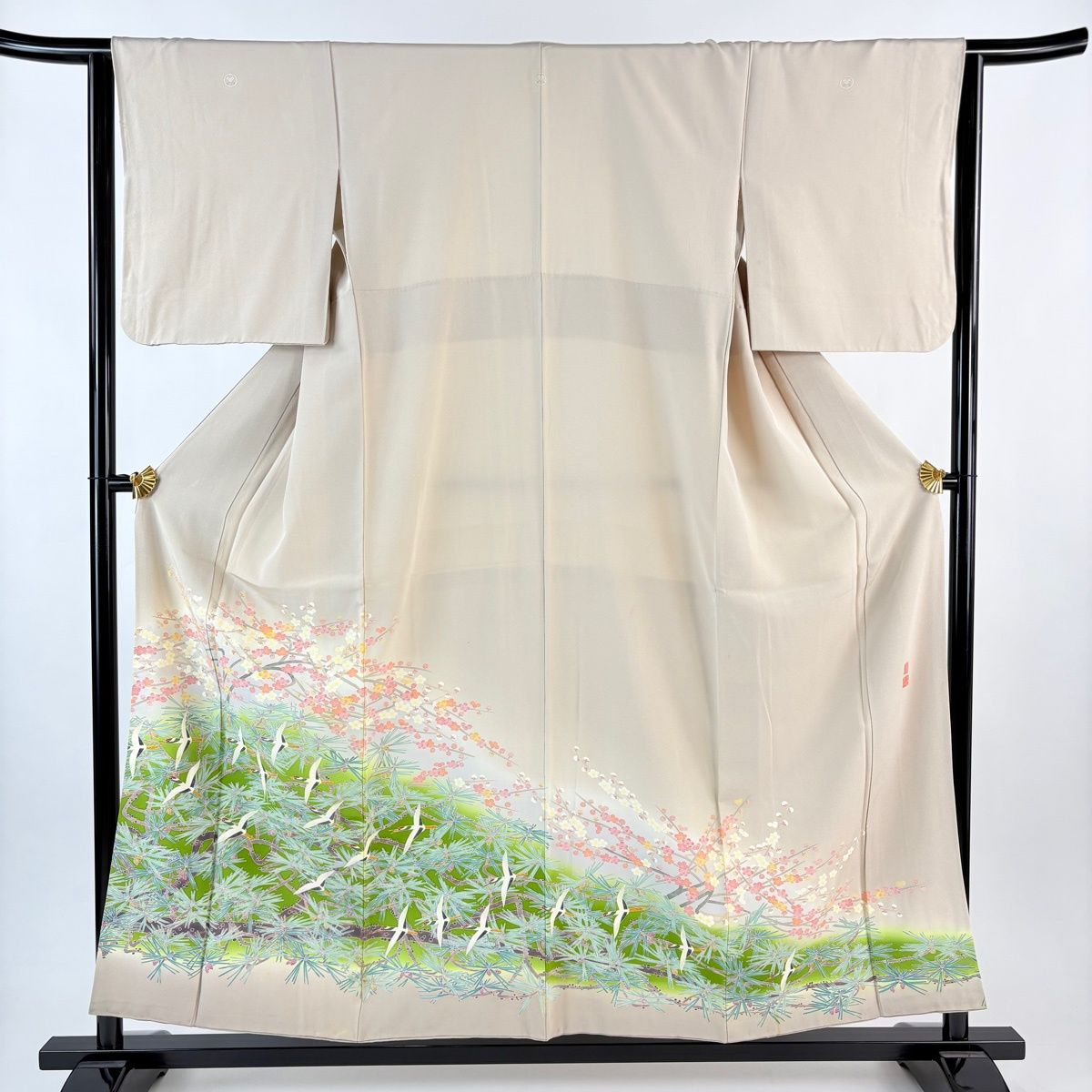 色留袖 身丈155 cm 裄丈64 M 袷 百貫華峰 落款 梅と松 鶴 ぼかし 灰茶 正絹 三つ紋