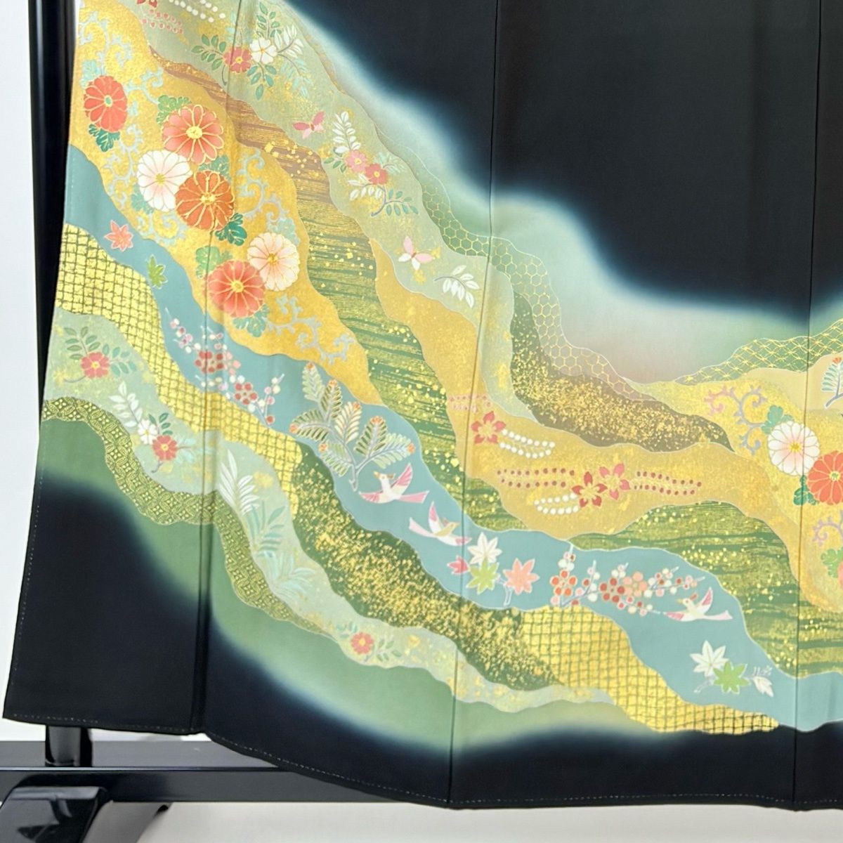 黒留袖 身丈158 cm 裄丈65 M 袷 松井青々 落款 菊 鳥 金彩 金糸 黒 正絹