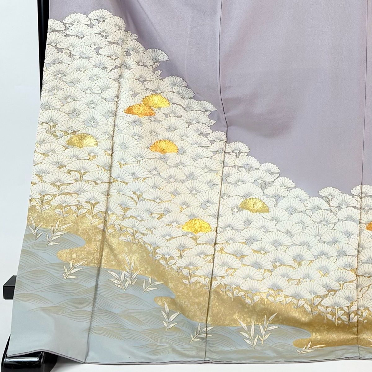 色留袖 身丈174 cm 裄丈71 L 袷 草花 霞 相良刺繍 金糸 灰紫 正絹 一つ紋