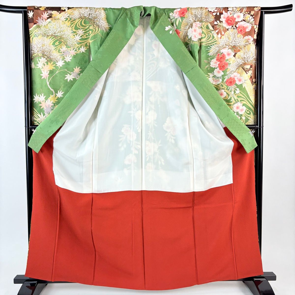  振袖 身丈162.5 cm 裄丈66.5 M 袷 孔雀 牡丹 金糸 金彩 よもぎ色 正絹 振袖 着物